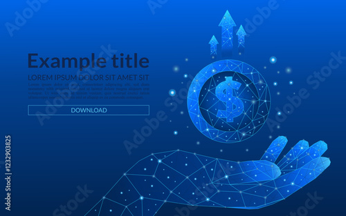 Dollar coin technology revenue growth concept. Abstract concept of coins in a hand and up arrows on blue background. Money coins in a hand. 