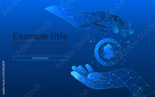 Dollar money saving concept. 3D man hands holding a flying dollar coin. Finance vector illustration on blue technology background. Cashback and finance metaphor.