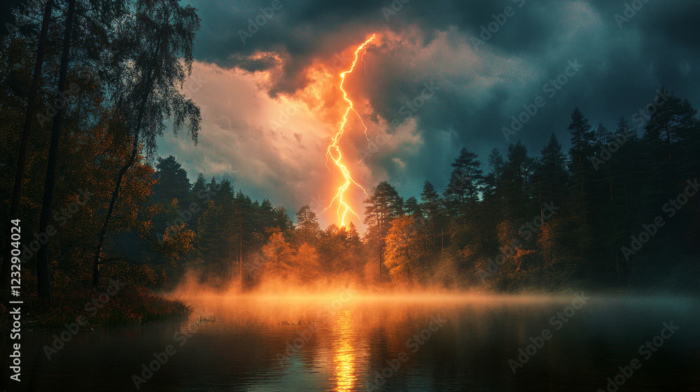 Bright lightning strikes across a forest pond creating an ethereal atmosphere at dusk Bright lightning strikes across a forest pond creating an ethereal atmosphere at dusk
