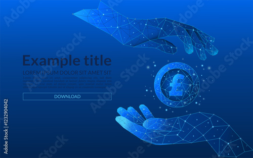 Pound sterling money saving concept. 3D man hands holding a flying pound sterling coin. Finance vector illustration on blue technology background. Cashback and finance metaphor.