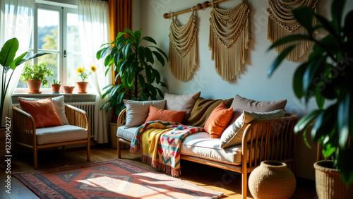 Wallpaper Mural Living Room with Vibrant Colors, Floor Cushions, and Natural Light in a Hippie-Inspired Space Torontodigital.ca