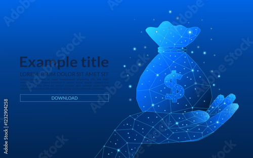 Savings or financial gains concept in dollars. 3D man hands holding a bag of dollars in low poly style. Finance vector illustration on blue technology background.