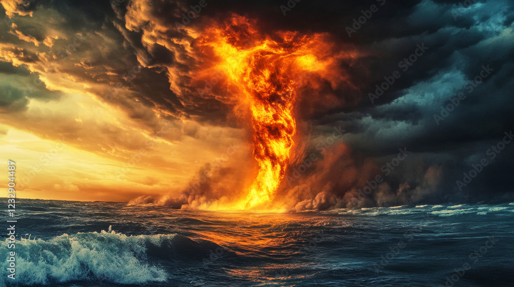 Colossal fire tornado churning in the ocean under a dramatic sunset sky Colossal fire tornado churning in the ocean under a dramatic sunset sky