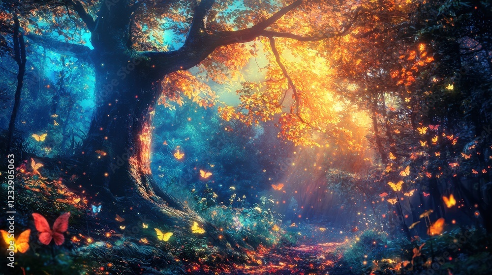 Obraz premium Enchanted Forest with Vibrant Butterflies and Golden Light Rays