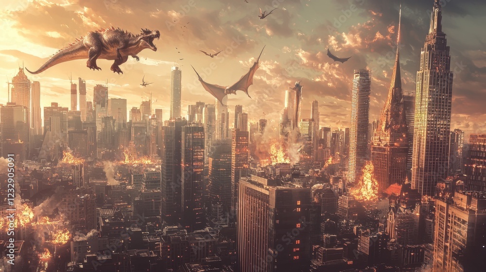 Fototapeta premium Epic Battle Between Dinosaurs and Dragons Over a Modern Cityscape