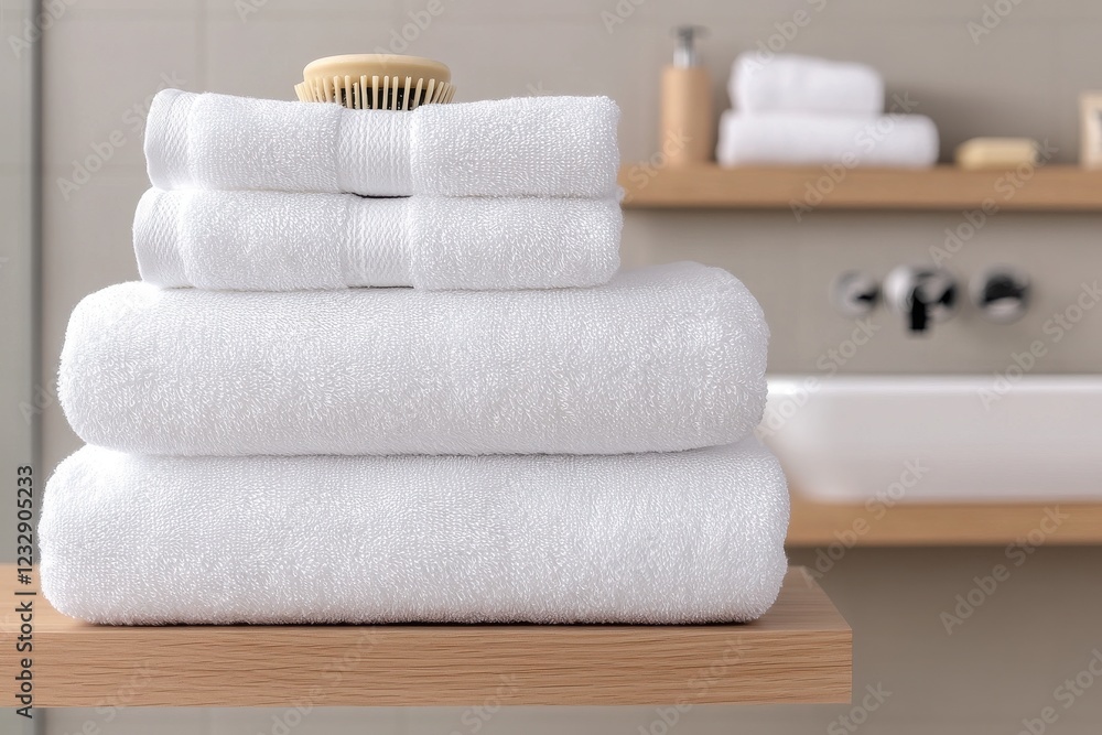 A neat stack of fluffy white towels, showcasing cleanliness and comfort in a modern bathroom setting. A neat stack of fluffy white towels, showcasing cleanliness and comfort in a modern bathroom setting.