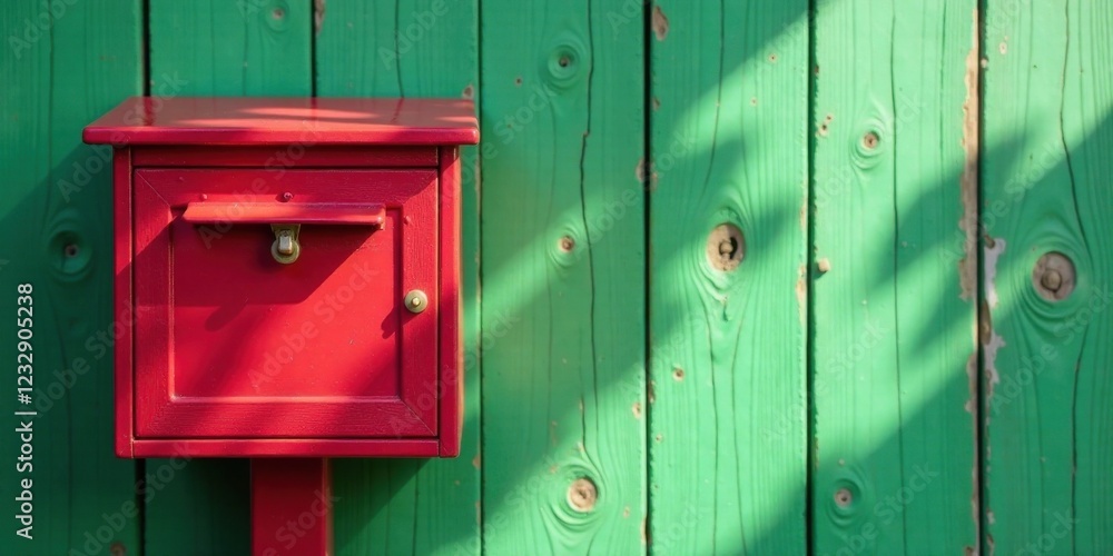 Fototapeta premium A vibrant red mailbox stands against a weathered green wooden fence, bathed in sunlight