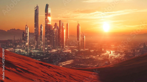 Fototapeta Naklejka Na Ścianę i Meble -  Futuristic Mars city skyline illuminated by sunset with advanced architecture and glowing lights