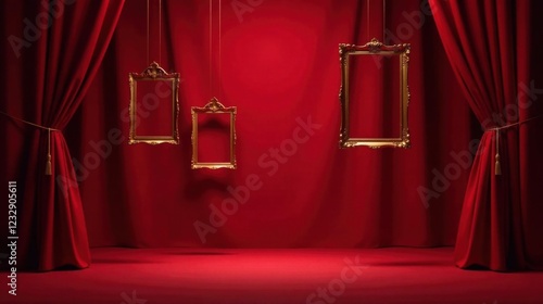 Elegant crimson drapes frame three ornate golden picture frames hanging against a rich red backdrop
