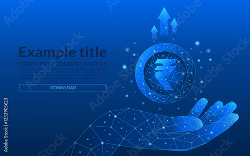 Technology income increase concept rupee coin . Abstract concept of coins in a hand and up arrows on blue background. 