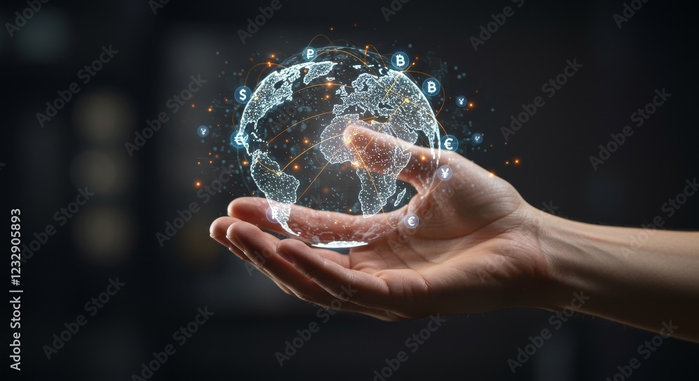 Digital global economy visualization with holographic globe representing interconnected currencies and technological advancement for worldwide financial integration Digital global economy visualization with holographic globe representing interconnected currencies and technological advancement for worldwide financial integration