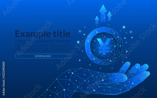 Technology yuan currency revenue growth concept. Abstract concept of coins in a hand and up arrows on blue background. Money coins in a hand. 