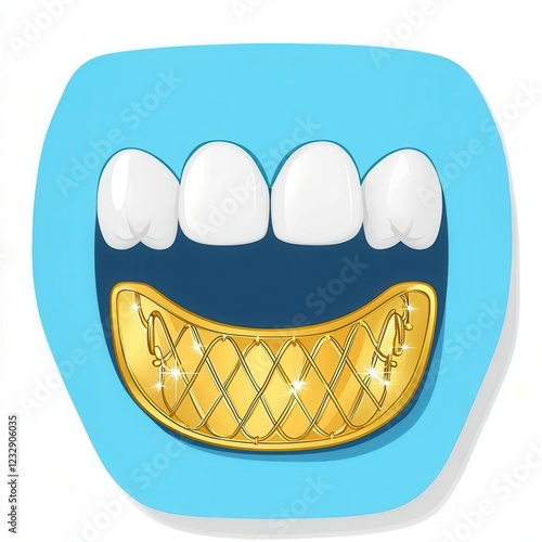 Stylish cartoon smile featuring shiny gold dental grill. photo