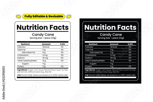 Candy Cane Nutrition Facts. Nutrition facts label and nutritional value of Candy Cane. Editable and resizable templates of nutrition facts, supplement facts and vitamin facts.