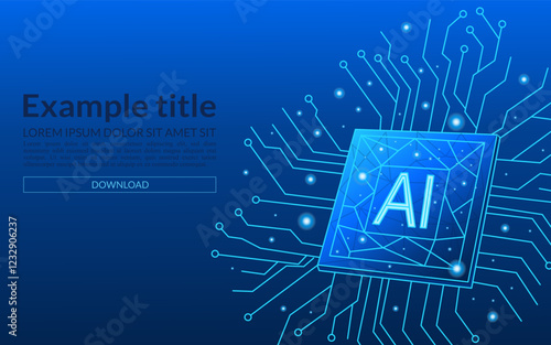 Top view of AI chip on blue technology background. Polygonal CPU or semiconductor. Light blue AI microchip with abstract circuit board on background. Artificial intelligence concept.