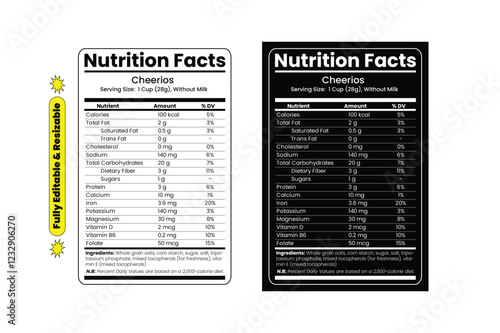Cheerios Nutritional Information. Nutrition facts label and nutritional value of Cheerios. Editable and resizable templates of nutrition facts, supplement facts and vitamin facts.