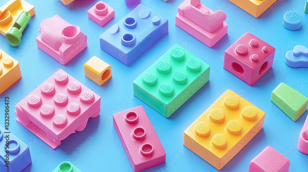Colorful Plastic Blocks Arranged On A Blue Background Colorful Plastic Blocks Arranged On A Blue Background