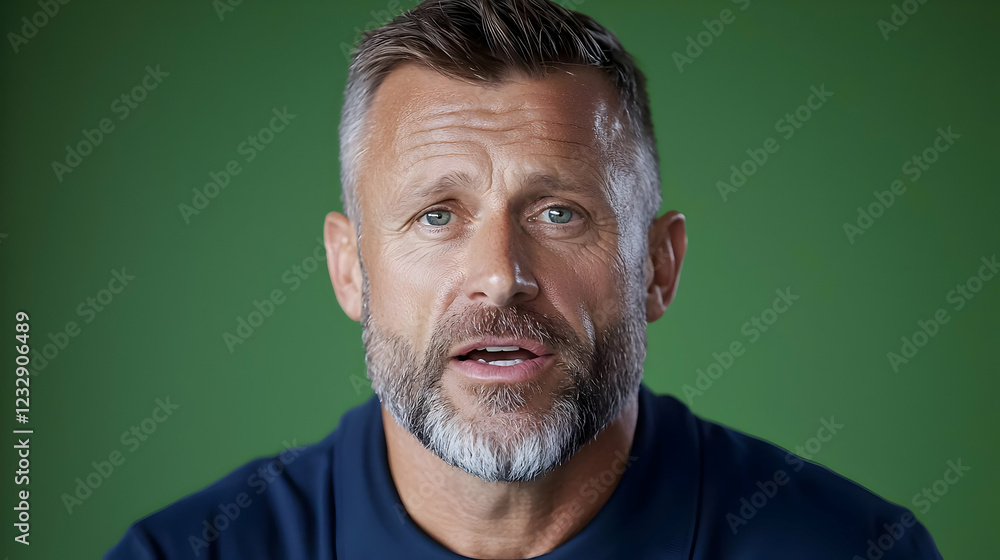 Obraz premium Man speaking, green background, studio portrait, video interview