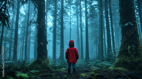 Fototapeta Naklejka Na Ścianę i Meble -  Little boy wandering in a foggy forest wearing a bright red jacket