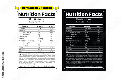 Tim Hortons Nutrition Facts. Nutrition facts label and nutritional value of Tim Hortons. Editable and resizable templates of nutrition facts, supplement facts and vitamin facts.