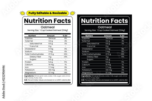 Oatmeal Nutrition Facts. Nutrition facts label and nutritional value of Oatmeal. Editable and resizable templates of nutrition facts, supplement facts and vitamin facts.