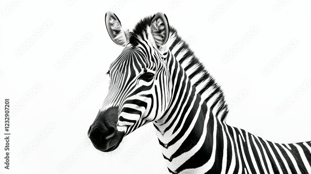 Fototapeta premium Striking minimalist black and white portrait of a zebra against a white background