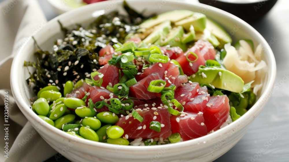 Fresh tuna poke bowl with avocado, edamame, and seaweed for a healthy meal Fresh tuna poke bowl with avocado, edamame, and seaweed for a healthy meal