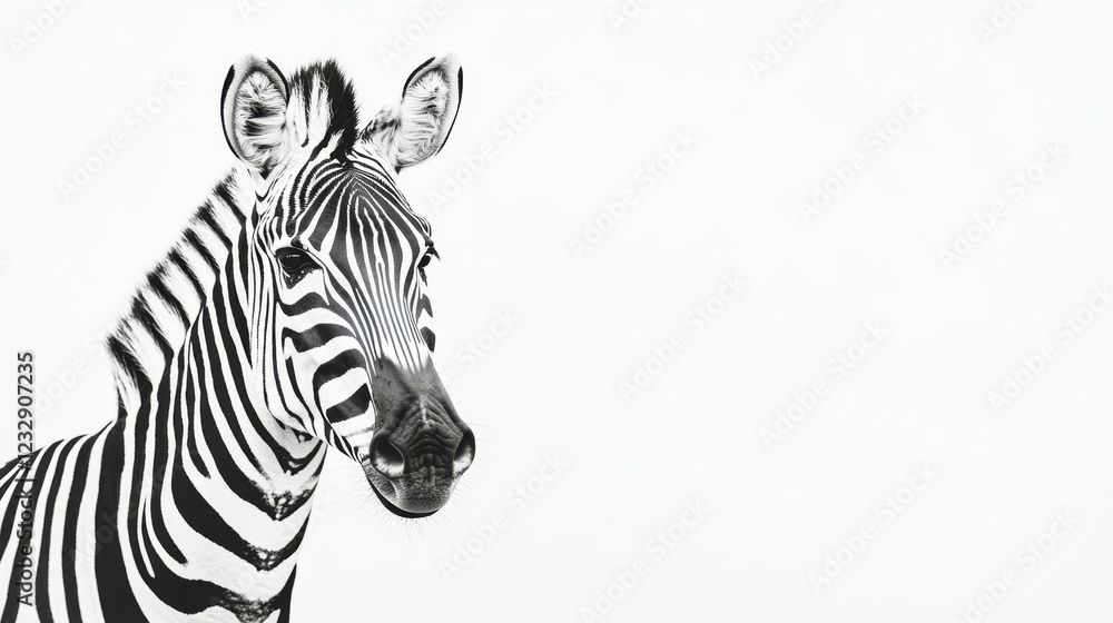 Fototapeta premium Striking minimalist black and white portrait of a zebra against a white background