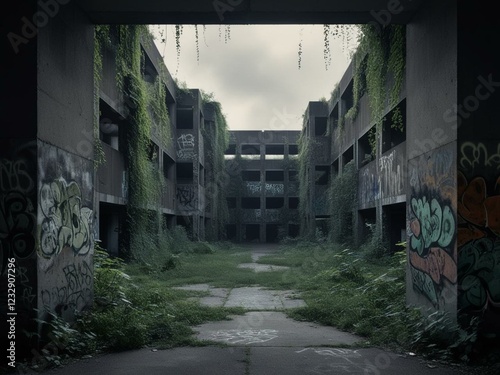 a dilapidated brutalist building complex where plants are already growing and there is a lot of graffiti; postapocalyptic scene photo