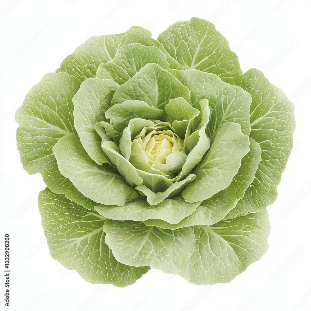 Obraz premium A fresh green lettuce head with layered leaves, showcasing its crisp texture and vibrant color, perfect for salads and healthy meals.