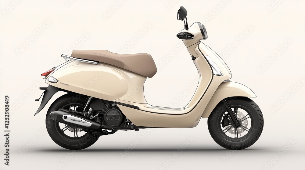 Obraz premium The beige scooter with an ergonomic seat against a minimalistic pastel background.
