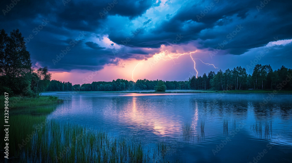 Thunderstorm rolls over a serene countryside pond with dramatic lighting effects Thunderstorm rolls over a serene countryside pond with dramatic lighting effects