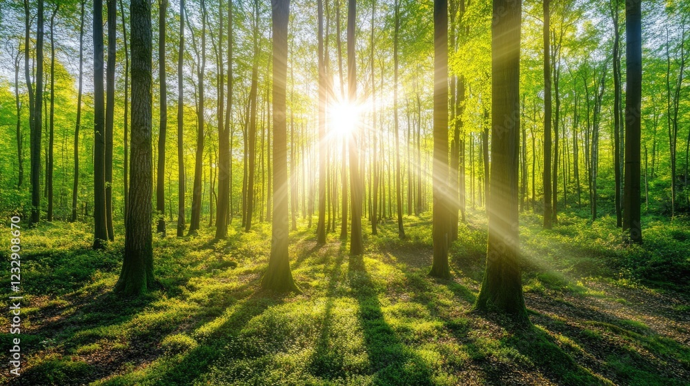 Fototapeta premium Sunbeams Illuminate Lush Green Forest Trees