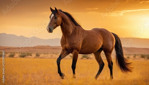 A stunning Akhal-Teke stallion in motion, kicking up soft desert dust as the sunset casts a warm glow on its muscular frame. Pure elegance, speed, and nobility