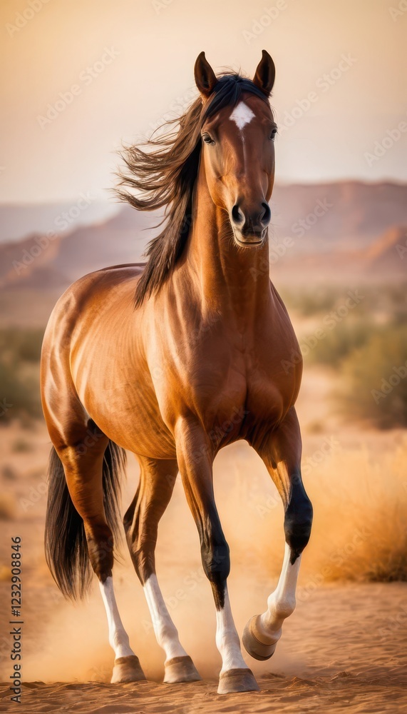 Obraz premium A majestic Akhal-Teke horse gallops through the golden desert at sunset, its metallic coat shimmering in the warm light. The wind flows through its mane, exuding grace and power.