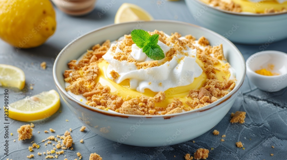 Lemon dessert with whipped cream topping and crumbled biscuits in a bowl Lemon dessert with whipped cream topping and crumbled biscuits in a bowl