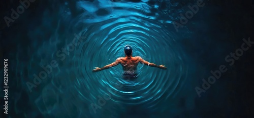 Man floats serene pool, night ripples, relaxation photo