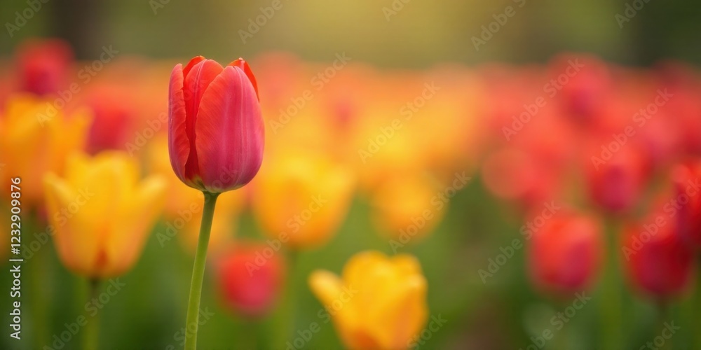 A single vibrant tulip stands tall, its petals a captivating blend of red and pink, amidst a soft-focus field of colorful blossoms, bathed in the warm glow of natural light. A single vibrant tulip stands tall, its petals a captivating blend of red and pink, amidst a soft-focus field of colorful blossoms, bathed in the warm glow of natural light.