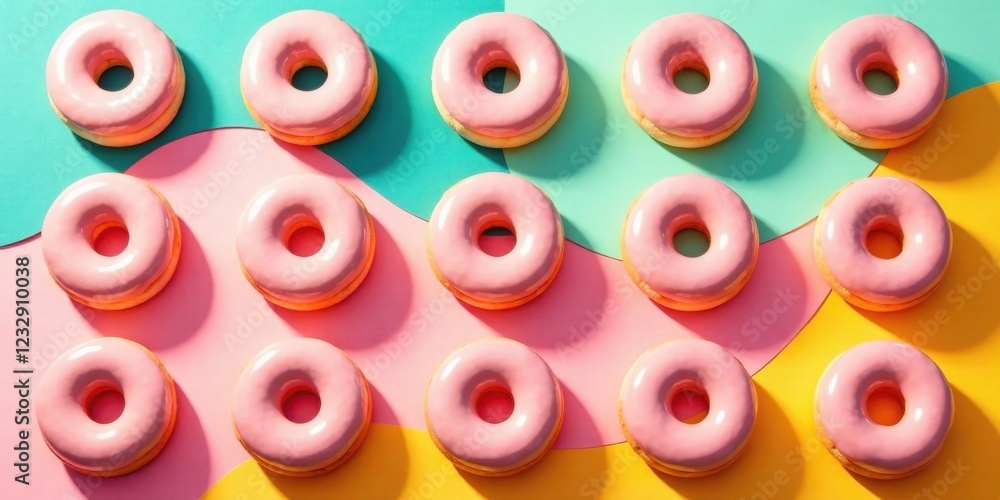 Sweet Treats Arranged on a Colorful Background A Delightful Pattern of Pink Donuts Sweet Treats Arranged on a Colorful Background A Delightful Pattern of Pink Donuts