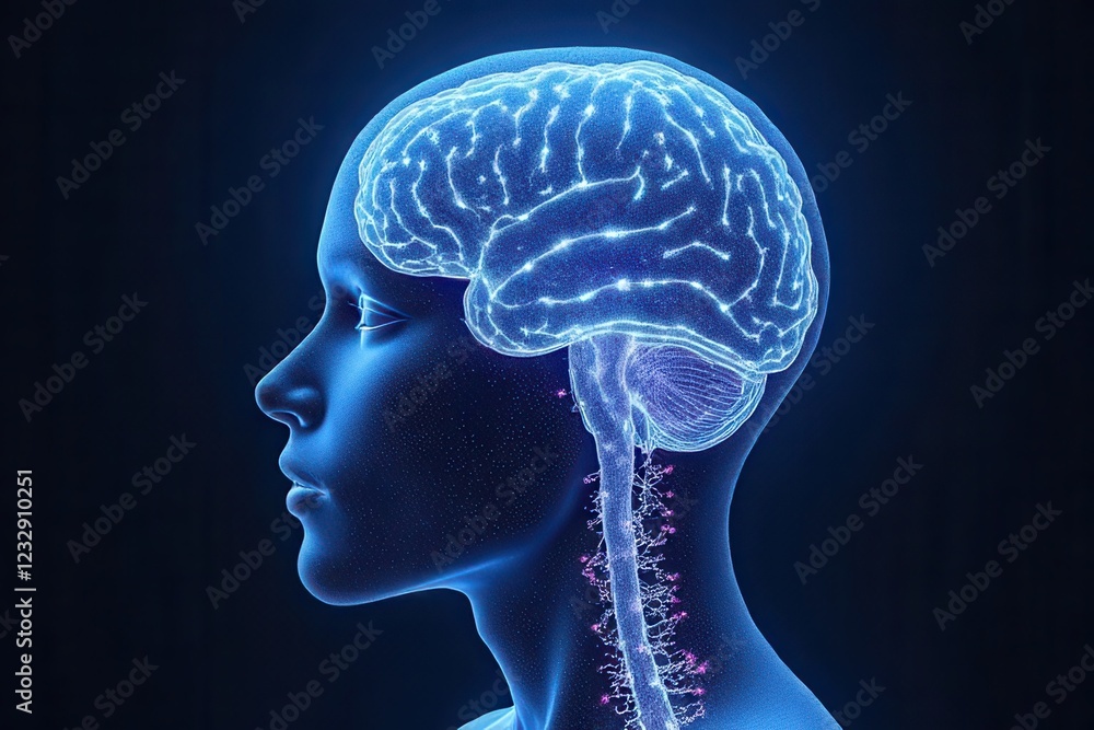 Obraz premium Adaptive Neurofeedback Training : Translucent brain fused with digital fractal vines, cognitive enhancement via neon data rain