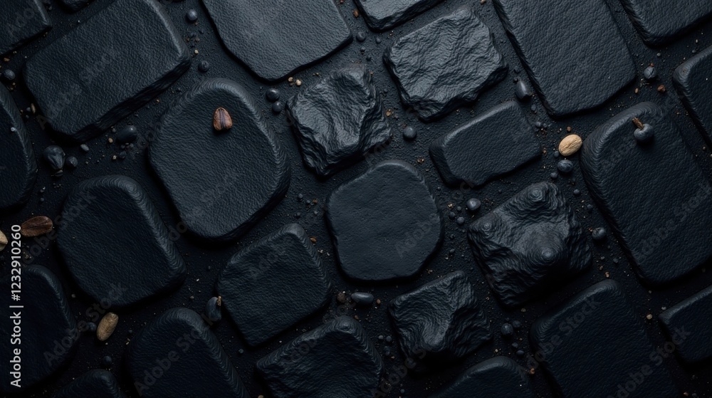 Fototapeta premium Dark Stone Pavement Texture with Scattered Seeds and Nuts