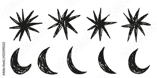 Crayon textured pencil stars hand drawn ink brush strokes and moon crescent doodle scribbles squiggles set collection 