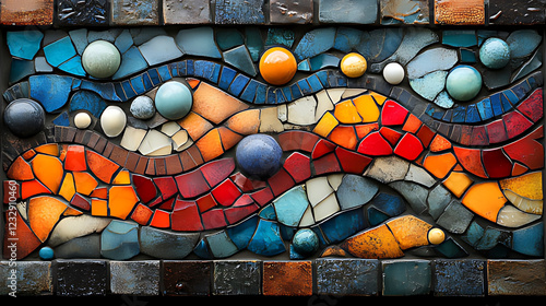 Abstract mosaic art wall panel, outdoors, colorful, wavy design
