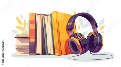 Audiobook concept with books and headphones. Reading learning literature education service, podcast listening vector