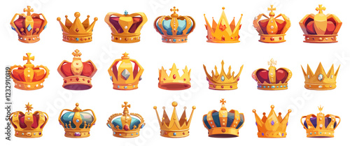 Cartoon golden crowns set. Queen, king, princess, prince, monarch, emperor royal jewellery symbol with fabric and gems vector