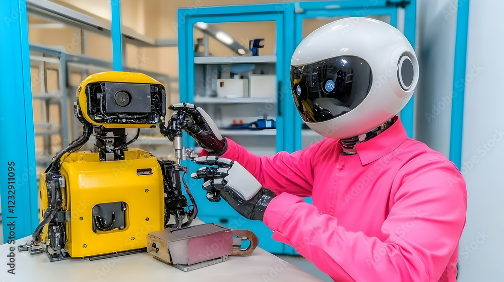 Obraz premium Robot technician in pink shirt repairing a yellow robot.