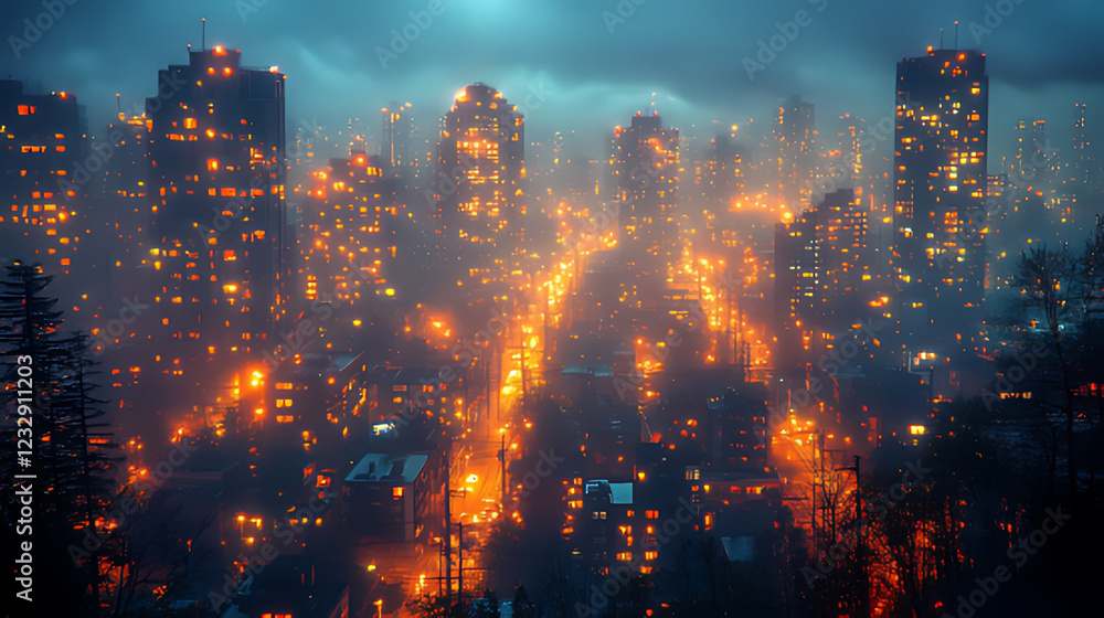 Fototapeta premium Night city lights foggy mountain view winter urban landscape