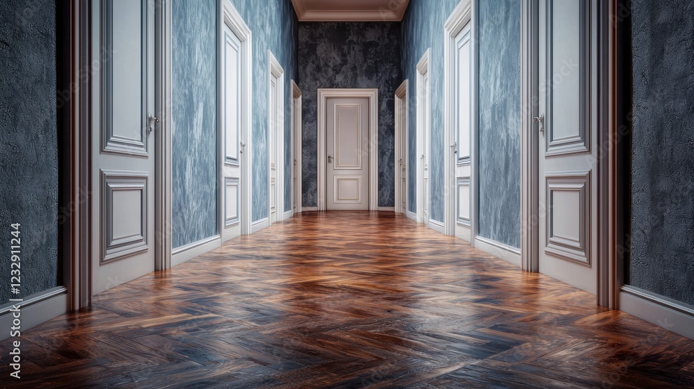 Elegant Hallway Interior with Wooden Floor and Blue Wallpaper Elegant Hallway Interior with Wooden Floor and Blue Wallpaper