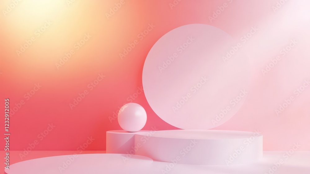 A pink background with a white ball and a white circle A pink background with a white ball and a white circle