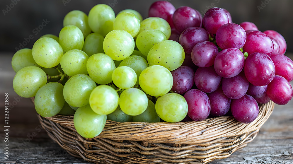 Green and red grapes in wicker basket on wood. Food photography for recipe blogs Green and red grapes in wicker basket on wood. Food photography for recipe blogs